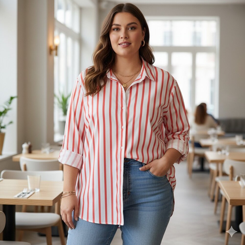NWT Ava & Viv Red White Striped Button-Up Shirt 3X